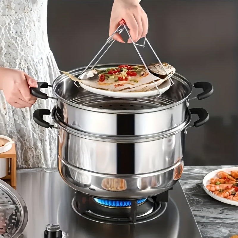 Stainless Steel Steamer Pot with Lid - Versatile Double-Layer Design, Suitable for Induction Cooktops - Perfect for Buns, Mantou, and Soup - Sturdy and Durable Construction, No Electricity Required