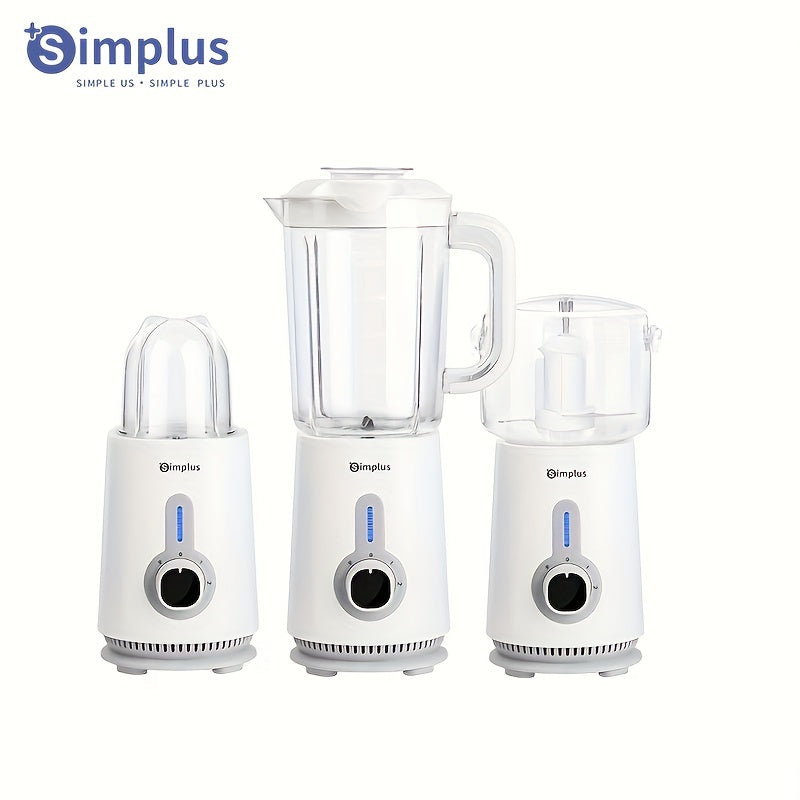 Simplus 3-in-1 Electric Blender with high power (380W), 3 stainless steel blades, 3 cups (300ml, 500ml, 1250ml), ABS material, European plug, for kitchen use, no batteries needed.