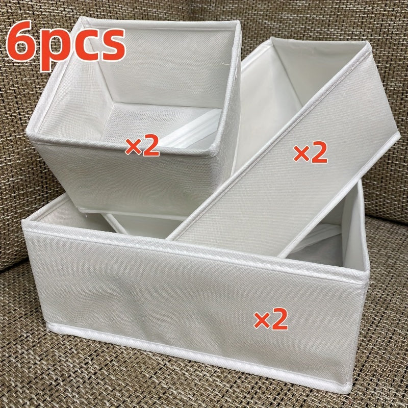 Set of 3 or 6 Classic Style Folding Storage Organizers. These rectangular multi-purpose closet organizer bins are ideal for storing clothes and accessories. They are non-waterproof drawer boxes that do not have lids, perfect for under-bed storage.