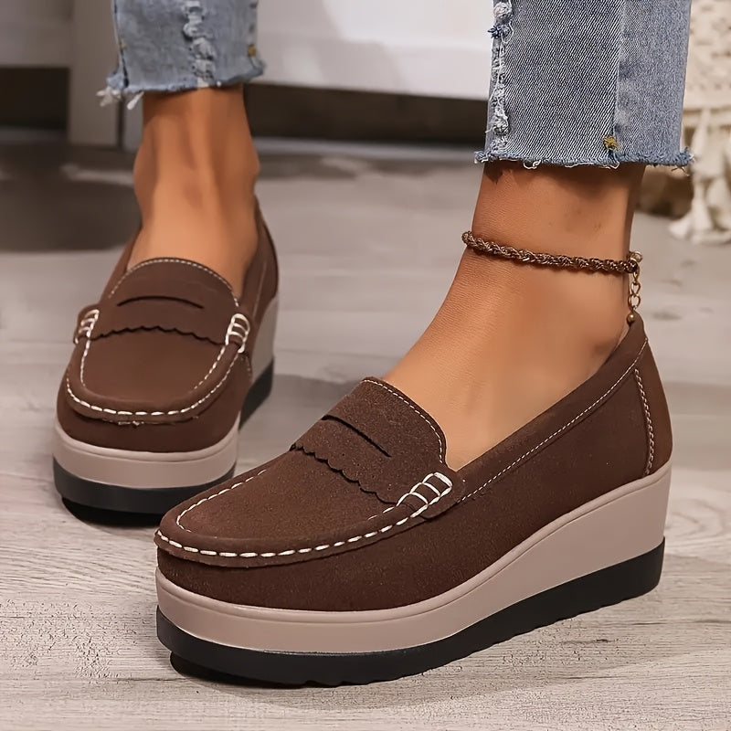 Women's slip-on loafers in solid color, lightweight faux comfort shoes with plain toe design for all seasons.