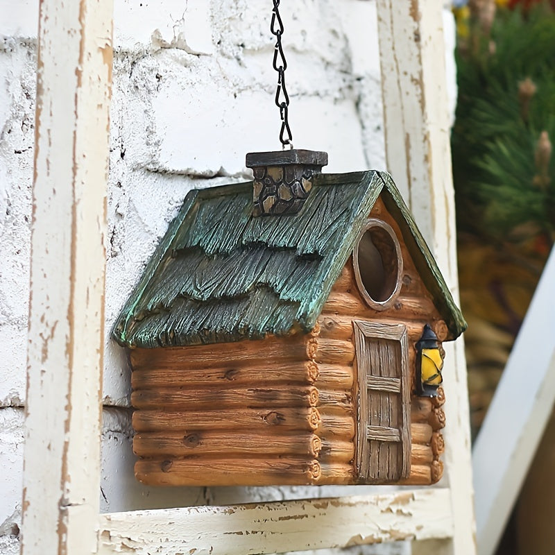 Wooden birdhouse with LED lights, ABS resin crafted, outdoor garden decor, winter nest for birds, hanging ornament.