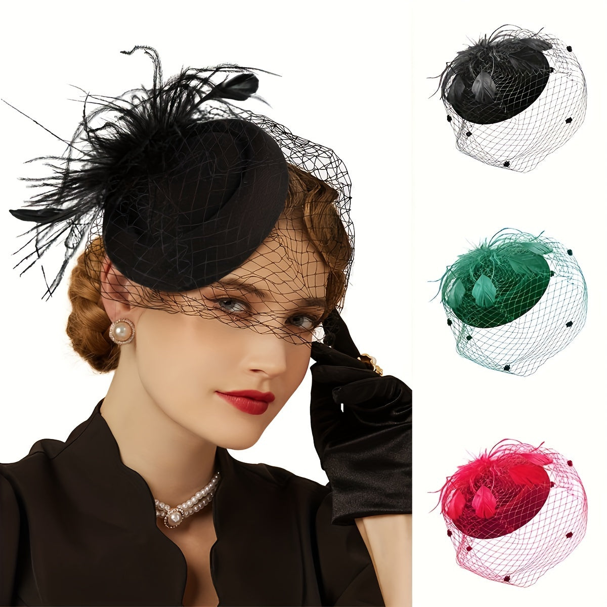 Faux Feather Fascinator Hat with Veil and Hair Clip - Perfect for Tea Parties, Derby Hats, Bridal Weddings