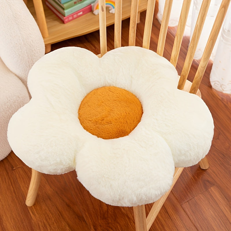 Cute flower plush pillow seat cushion in yellow, pink, and blue. Machine washable, cozy seating addition for home decor and reading spaces. Soft acrylic filling and decorative pillows in contemporary floral design.