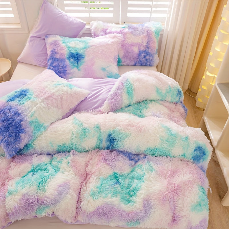 Y2K Tie Dye Plush Duvet Cover Set includes 3 pieces (1 Duvet Cover + 2 Pillowcases), providing soft and warm bedding.