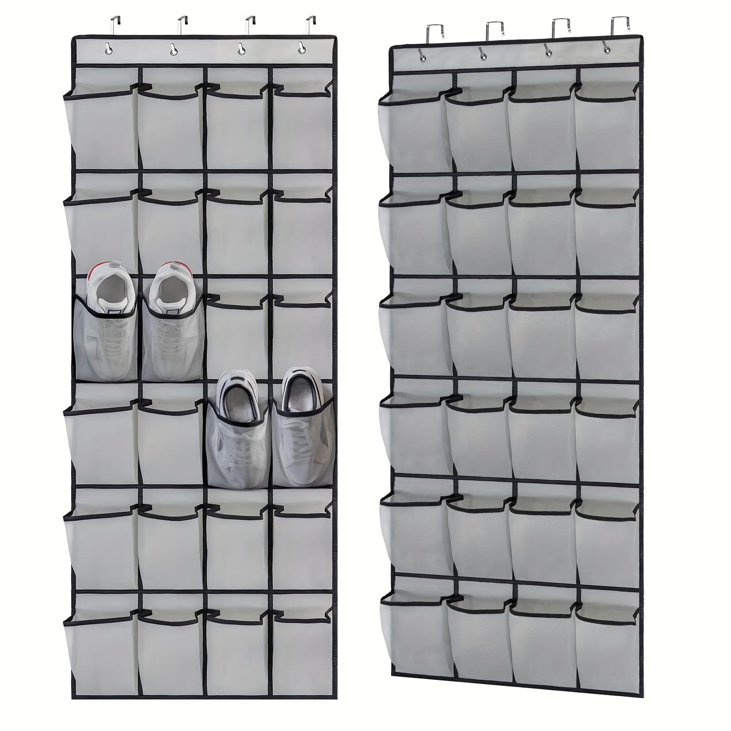 Get organized with our 1-piece over-the-door hanging shoe storage bag featuring 24 mesh pockets. This folding closet storage rack is perfect for storing socks, bras, and other household items, helping you save space in your bedroom, bathroom, office