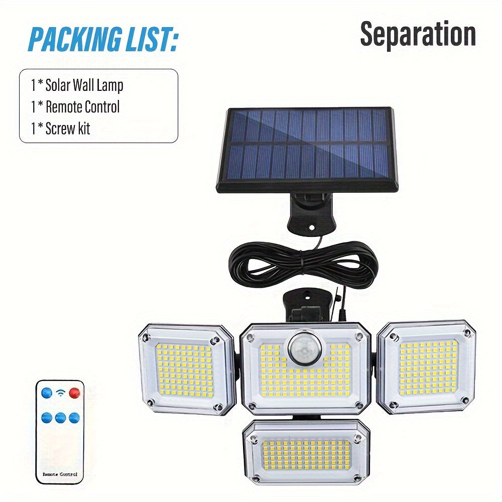 Solar-powered outdoor light with 333 LEDs, motion sensor, remote control for 3 modes, and 4-head design for patio, garage, porch, yard.