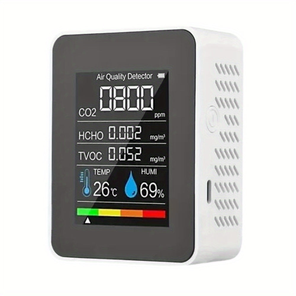 Portable CO2 detector with temperature, humidity, TVOC, and HCHO detection, rechargeable, suitable for travel and home use.