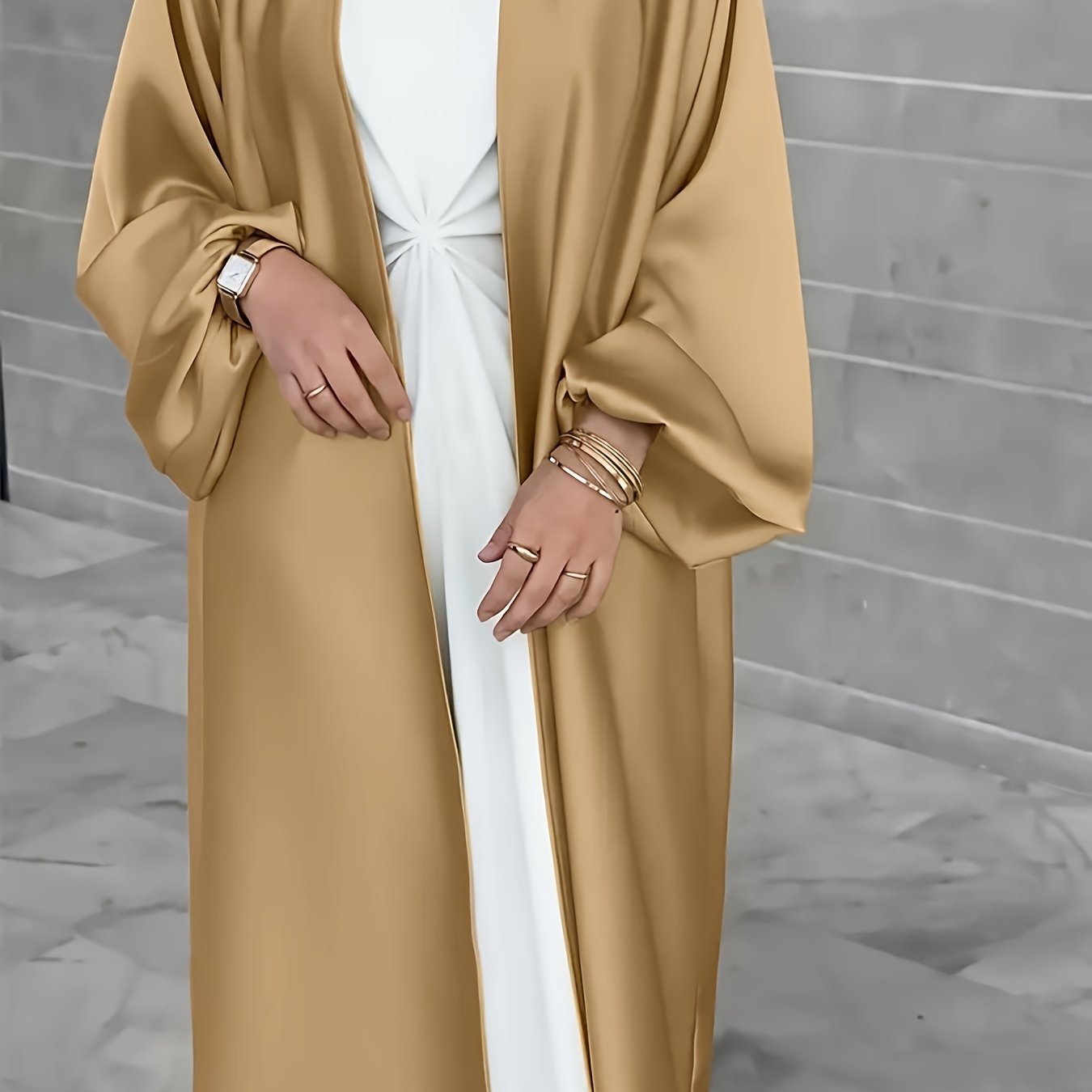 Long, elegant dress with puffed sleeves, slit hem, belt, and regular fit suitable for all seasons. Made of solid color, non-stretch polyester.