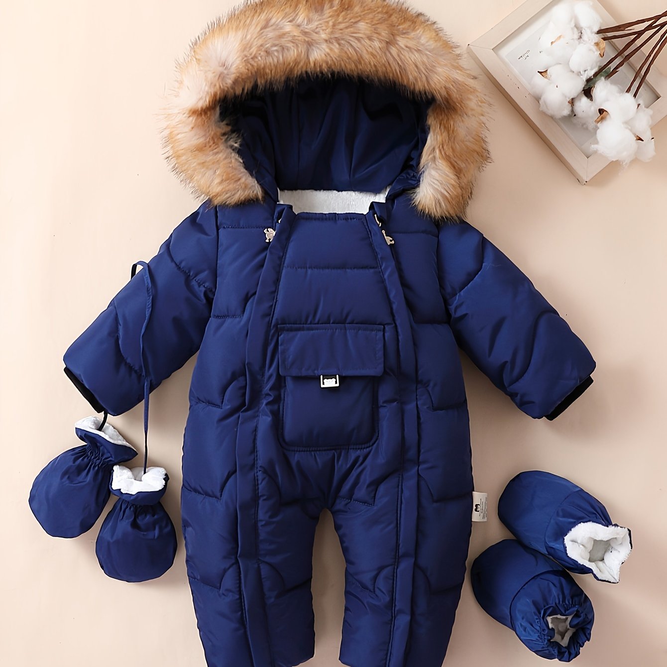 Baby boys jumpsuit with hood, faux fur trim, fleece lining, mittens, and booties for outdoor winter wear.