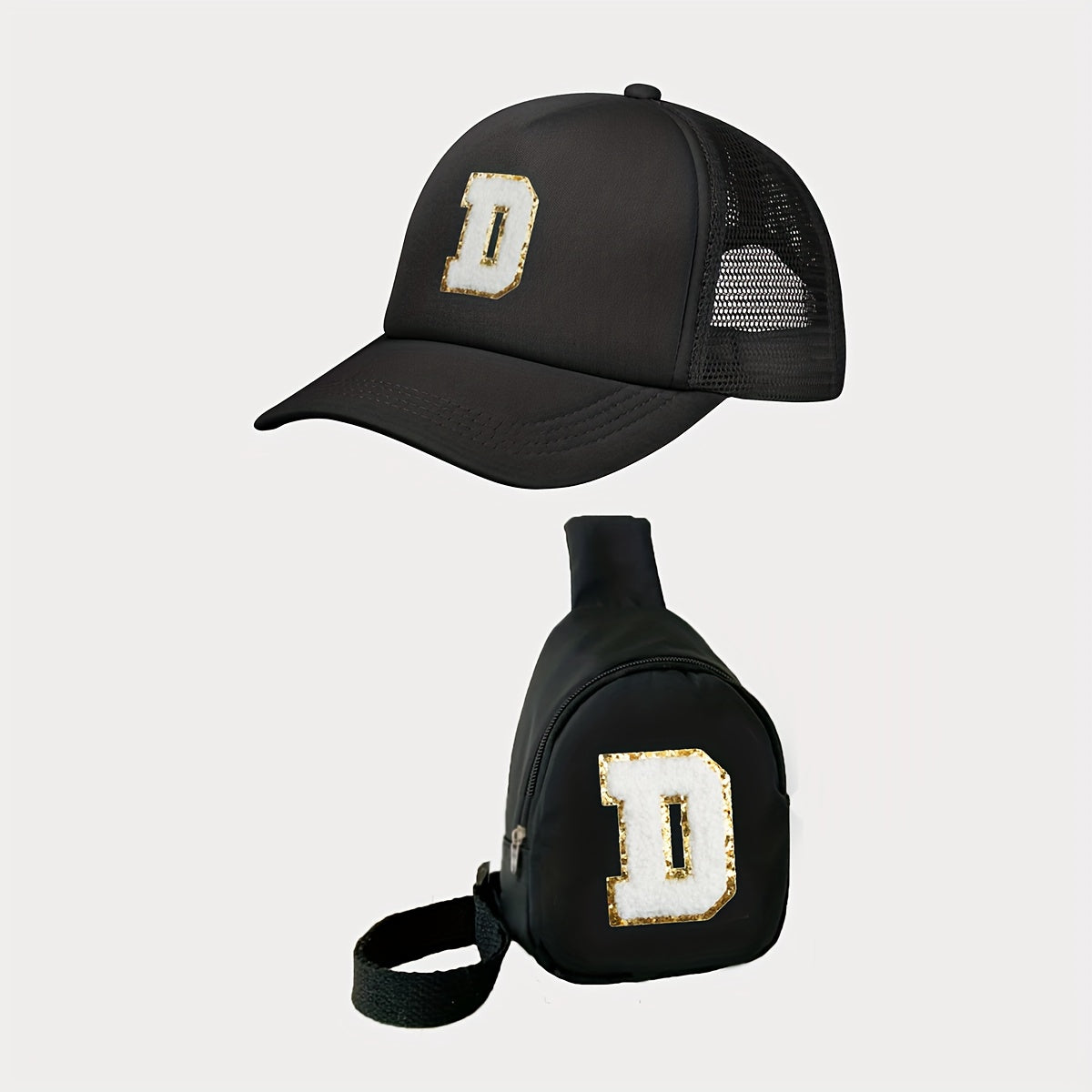 Children's Alphabet Baseball Cap and Shoulder Bag Set made of polyester material with a breathable, season-neutral design. Features a fitted cap with a buckle closure suitable for daily and