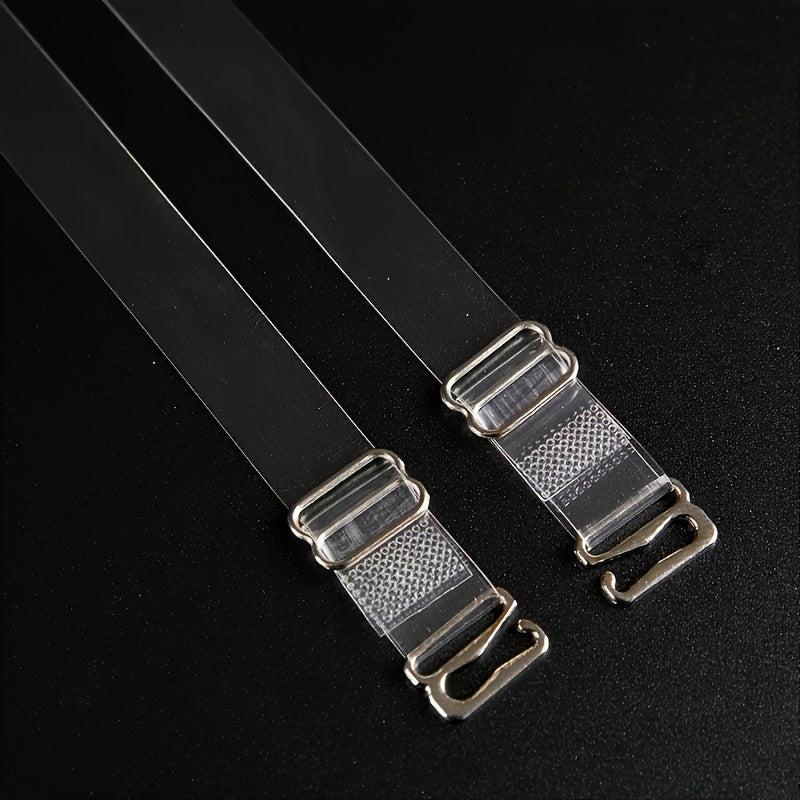 Transparent shoulder straps with metal buckle for adjustable and invisible support, ideal for women's lingerie and underwear.