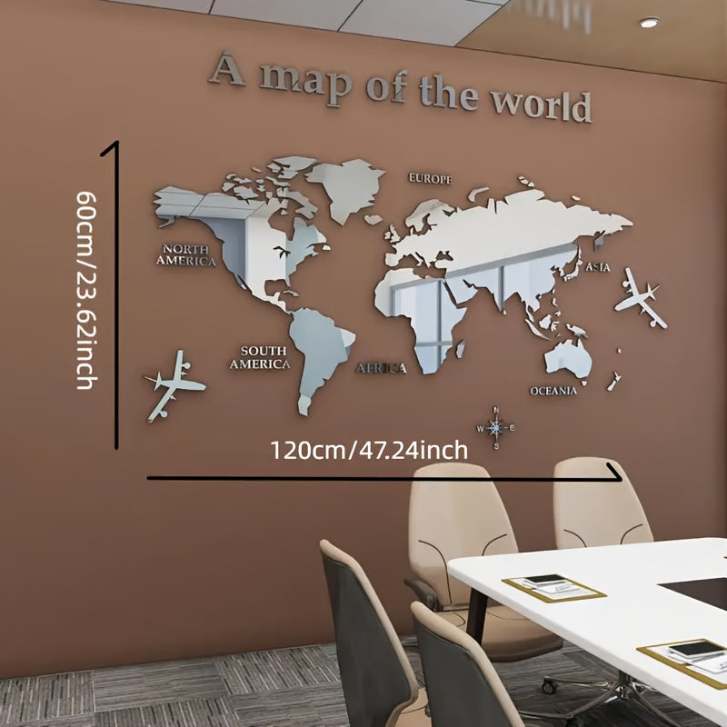 Bohemian style acrylic wall decor featuring "A Map of the World" with airplane and compass rose design. 1mm thick with adhesive backing. Ideal for classrooms, offices, bedrooms, and living