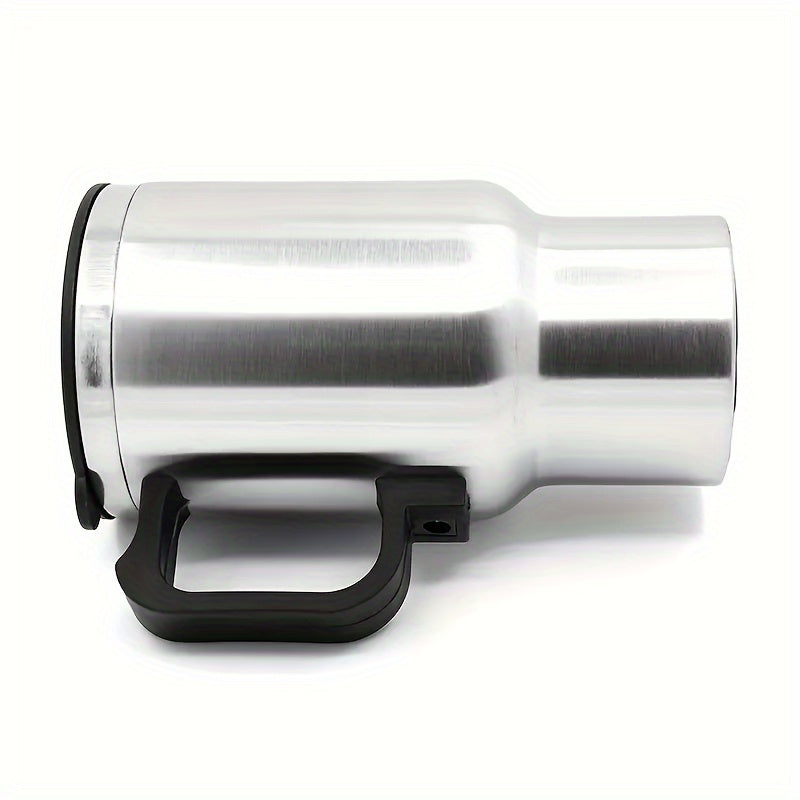 Stainless steel car electric heating cup with handle and lid, 12V/24V compatible for hot beverages on the go.