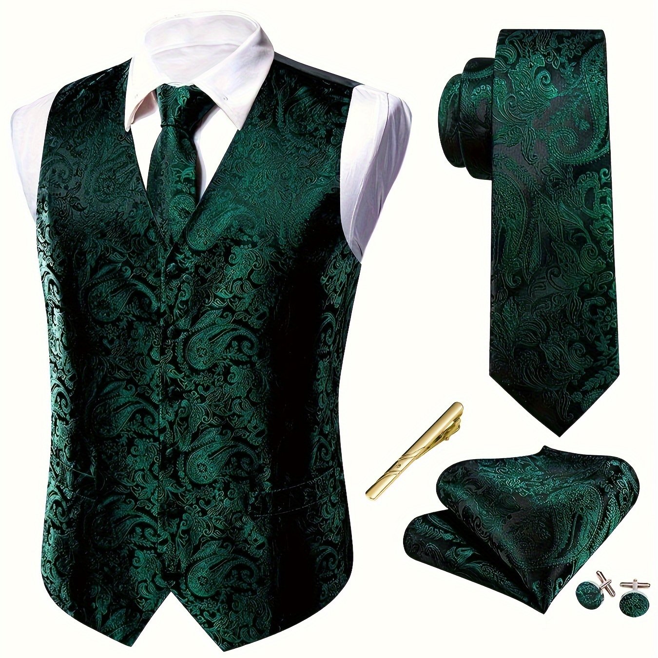 Royal golden floral jacquard V-neck vest suit set for plus size men, perfect for weddings.