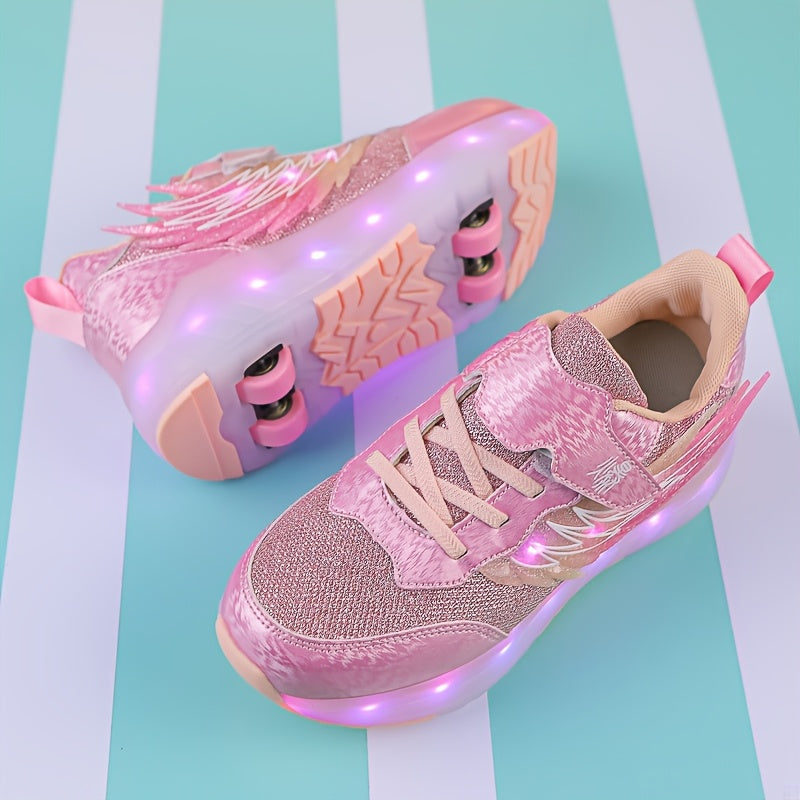 LED light-up roller skates for boys and girls, USB rechargeable with 4 wheels. Breathable and durable for indoor/outdoor use. All-season sports shoes with secure fit closure. Trendy glowing