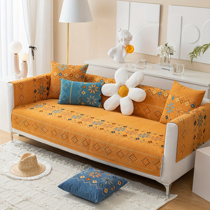 Bohemian-style chenille sofa slipcover with geometric and floral patterns. Suitable for all-season use, this furniture protector is ideal for living rooms, bedrooms, and offices. Made of polyester, it fits most couches and adds a decorative touch to any