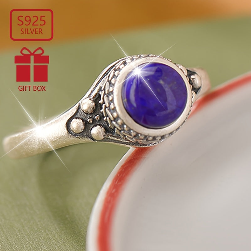 Approximately 3 grams of 925 Sterling Silver Blue Chalcedony Golden Stone Retro Wheat Pattern Round Ring, perfect for gifting to loved ones and suitable for everyday wear. Directed by Qing Anjing.