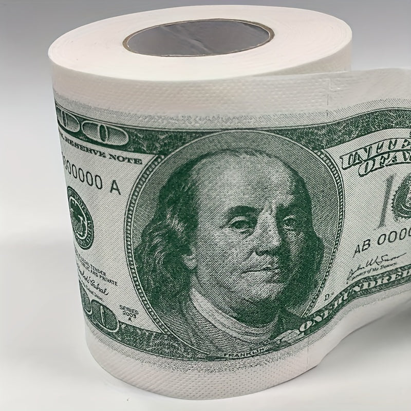 A humorous $100 bill toilet paper roll featuring money pattern design. Made of wood pulp paper tissue, this novel gift is perfect for household cleaning supplies, party supplies, party decor, home decor, or as a unique holiday gift.