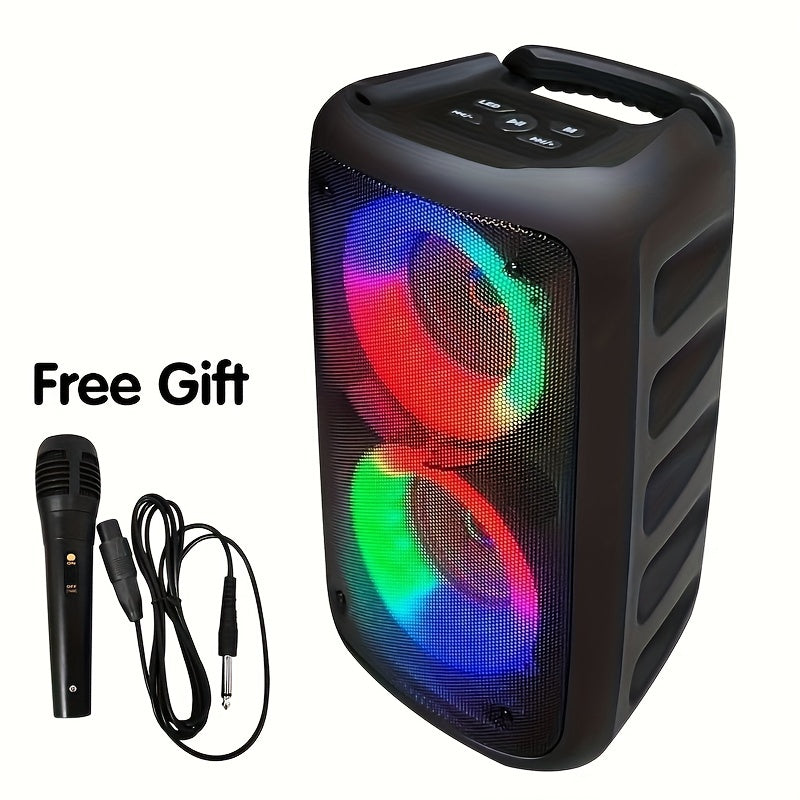 Portable wireless speaker with microphone, LED lights, 2400mAh lithium battery, ideal for home parties and outdoor camping.