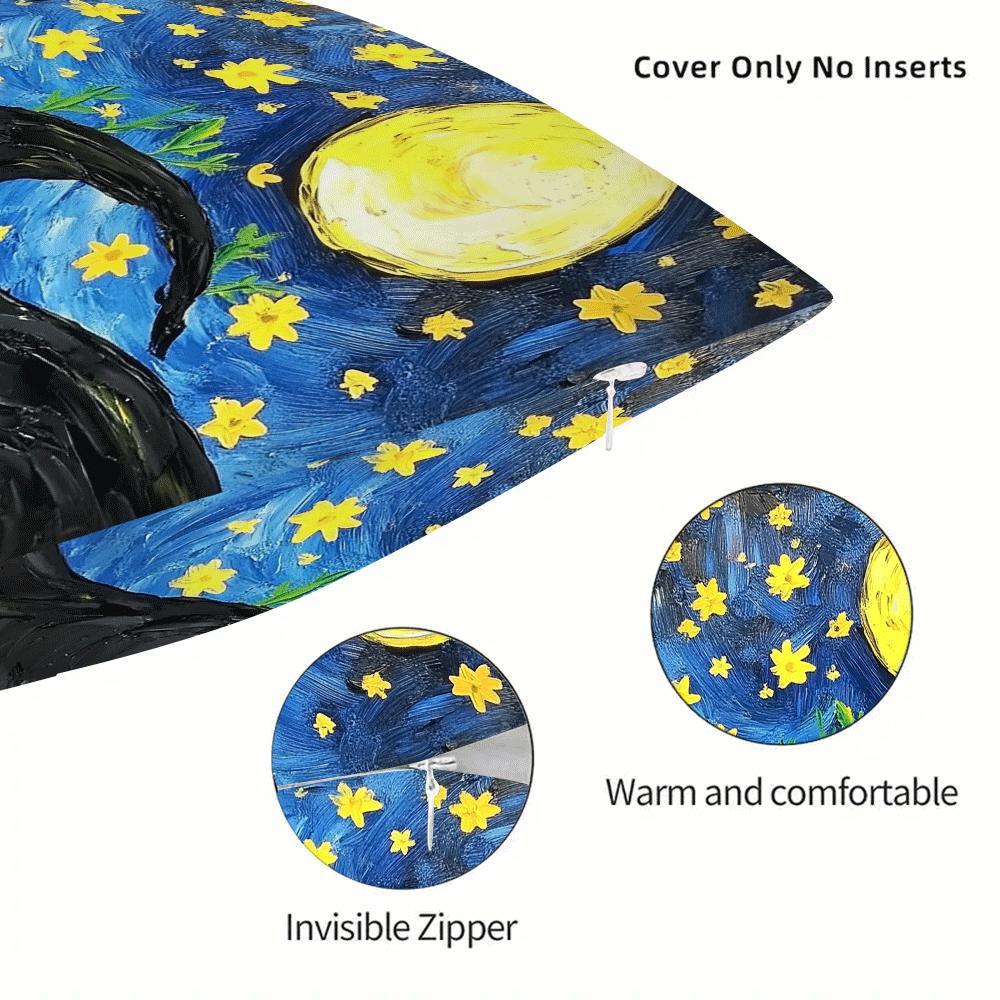 This black cat and moon design throw pillow cover is a chic addition to any space. Made of polyester, this machine washable cover features a zipper closure for easy removal and cleaning. Perfect for adding a touch of style to your sofa, living room, or