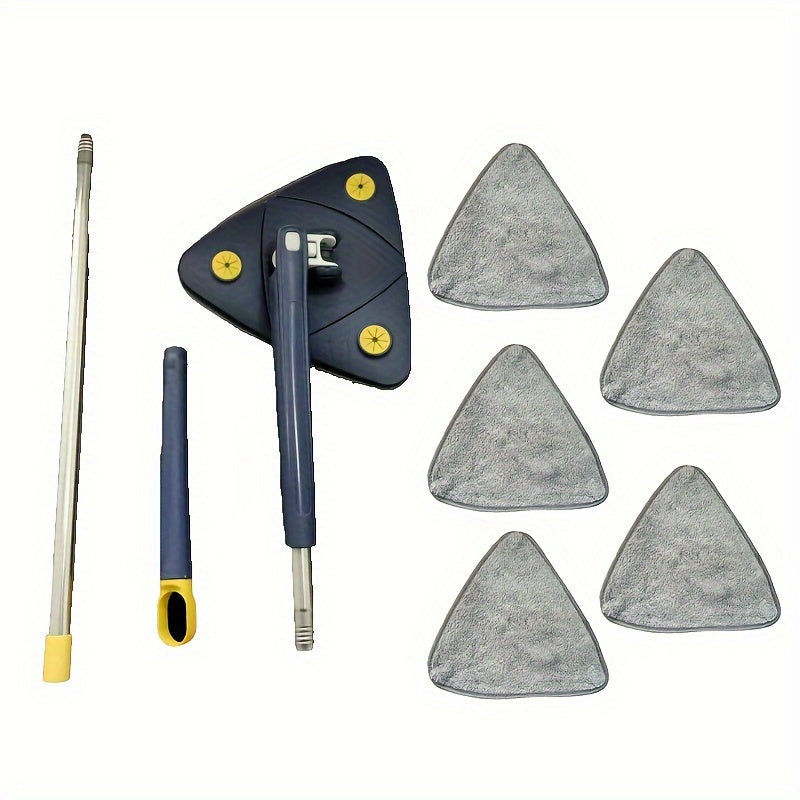 Triangle-shaped mop set with adjustable handle and rotating head for efficient cleaning on various surfaces. Perfect for use at home, no need for any power, great for living rooms. Set includes 1 mop and optional microfiber pads.