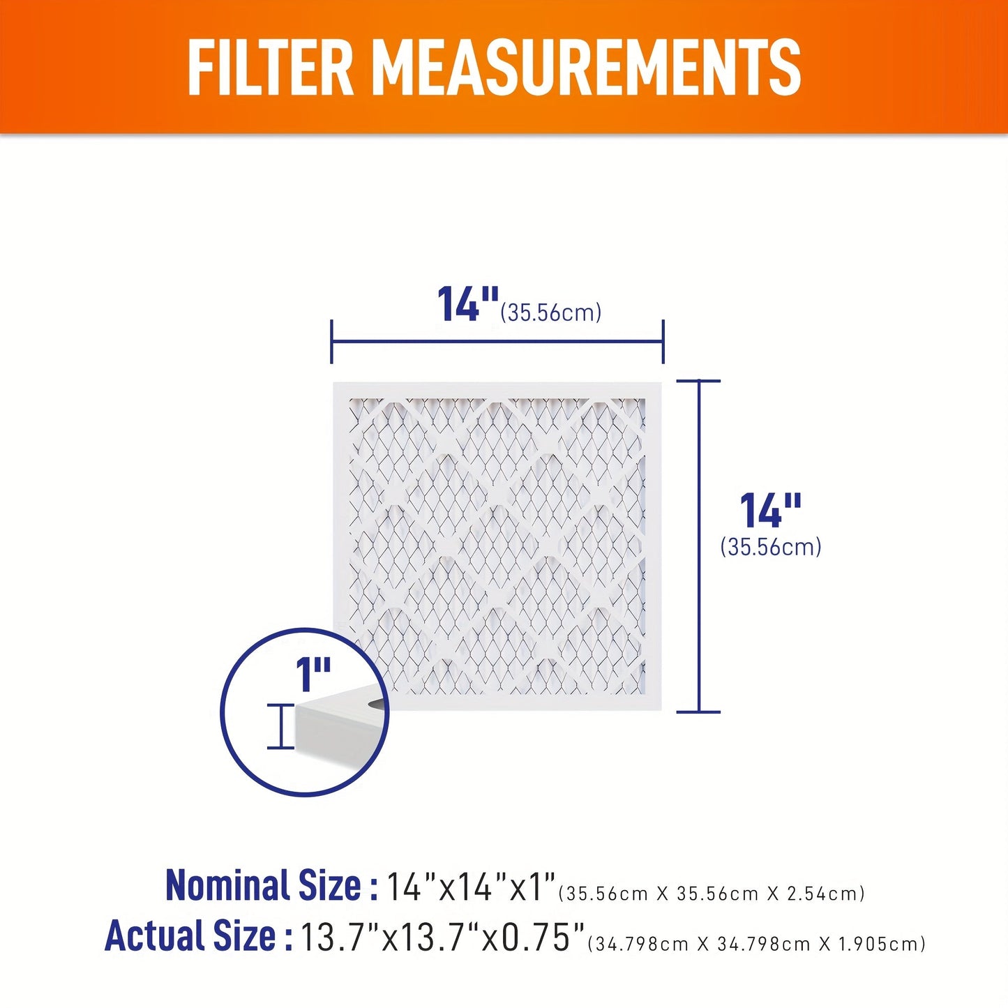 1 set of 6-pack MERV11 14x14x1 Air Filters with a waterproof Kraft cardboard frame, laminated steel mesh, and high pleat count. These pleated HVAC AC furnace air filters are designed for easy replacement and have actual dimensions of 34.8x34.8x1.91 cm.