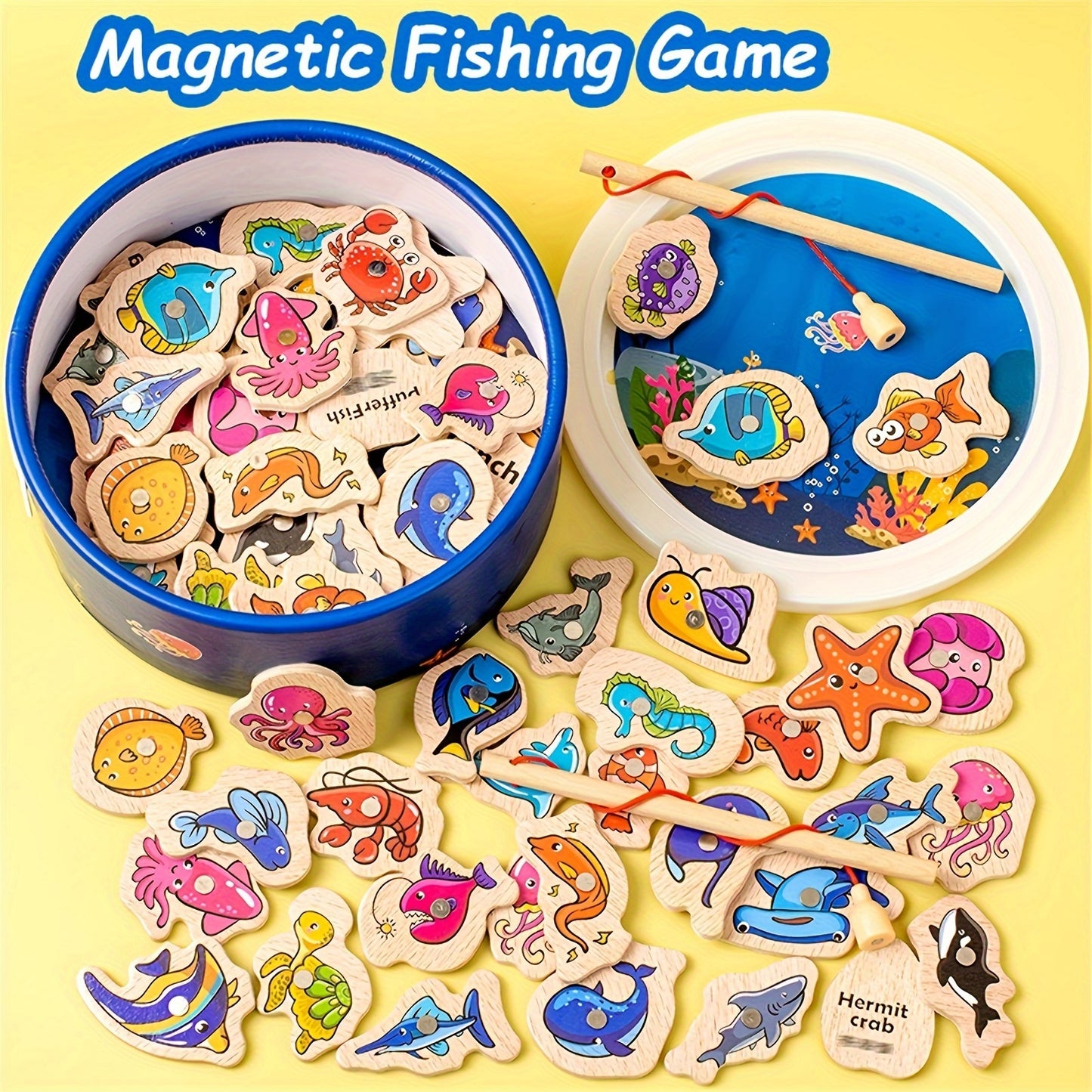 VPHWG Magnetic Wooden Fishing Game: Educational, Interactive, Colorful Marine Life Pieces, Ideal Birthday Gift.