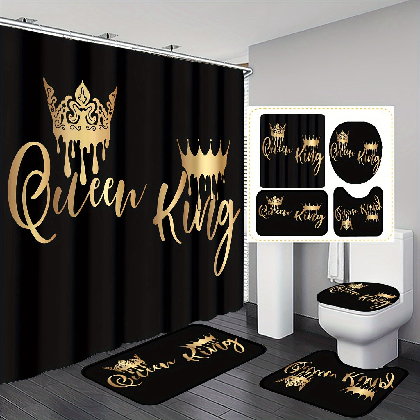 1pc/4pcs King and Queen Polyester Waterproof Insulation Bathroom Shower Curtain + 12 Hooks, Non-slip Mat, U-shaped Floor Mat, Round Toilet Seat Mat Set for All Scenes