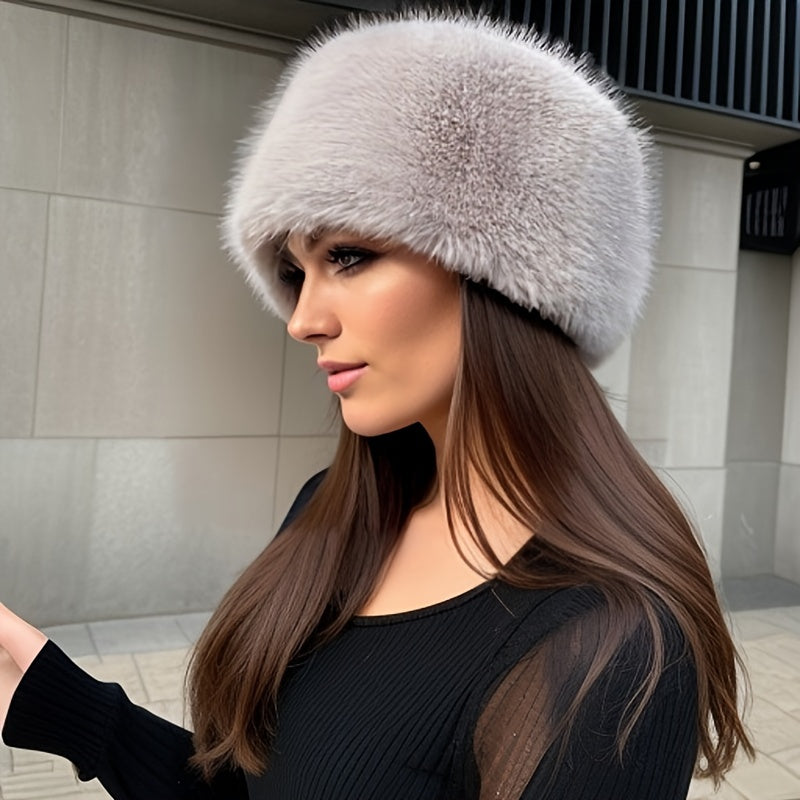 Elegant light gray faux fur Cossack hat with ear protection, perfect for weddings and special occasions, hand or dry clean only.