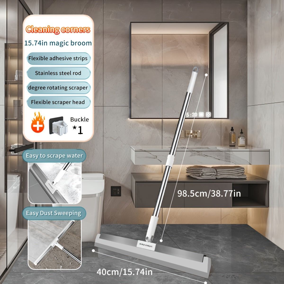 Долговечный инструмент для уборки из ПП: Многофункциональная волшебная метла с гибким силиконовым скребком (49,99 см) и нержавеющей стальной ручкой для легкой уборки пыли и протирания воды в ванной, туалете, на стеклах и полах.