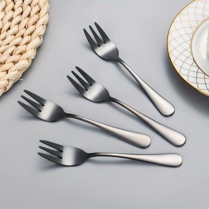 Set of 4 stainless steel dessert forks for serving fruit, cake, snacks, tea, and salad, perfect for restaurants, parties, weddings, and dessert displays.