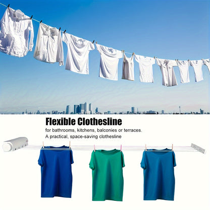 5-Line Retractable Clothesline - 3.75 Meters of Durable Plastic Laundry Line for Indoor Use in the Bedroom, Bathroom, and Living Room - Space-Saving Invisible Drying Rack for Clothes, Towels, and Pants.