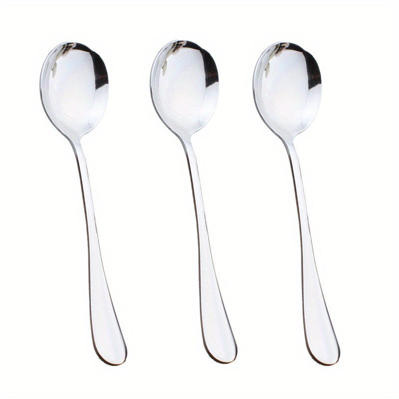 Six-piece stainless steel buffet dinner restaurant service spoon set includes three regular service spoons and three slotted service spoons in silvery color, perfect for party banquets.