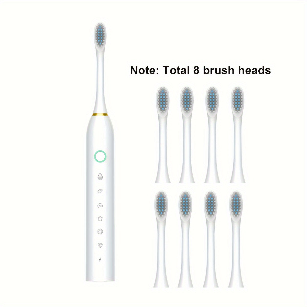 Rechargeable USB electric toothbrush with 6-speed vibration and 28000 VPM power, includes 4 or 8 special soft brush heads for adults.