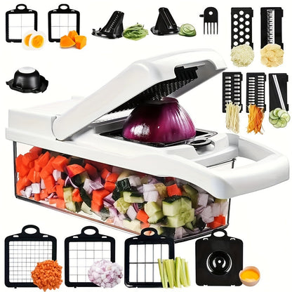 '- Kitchen Set includes 1 Vegetable Chopper, 22in1/15in1 Slicer, Manual Food Grater, and Onion Mincer Cutter
- Multifunctional design for slicing fruits and vegetables easily
- Convenient container for collecting sliced vegetables
- Household essential