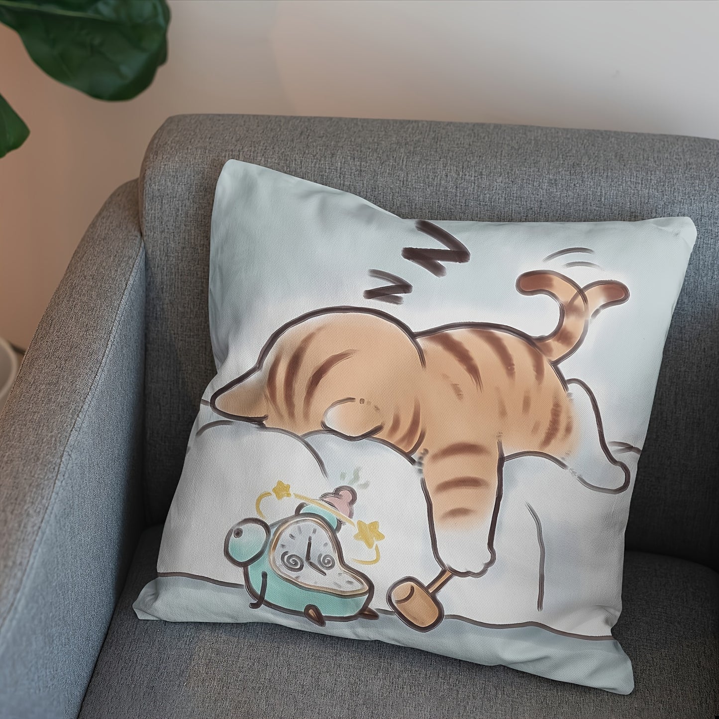 Cute cartoon cat plush pillowcase with zipper, single-sided print. Perfect for home decoration. Size: 45.72×45.72 cm. Pillow core not included.