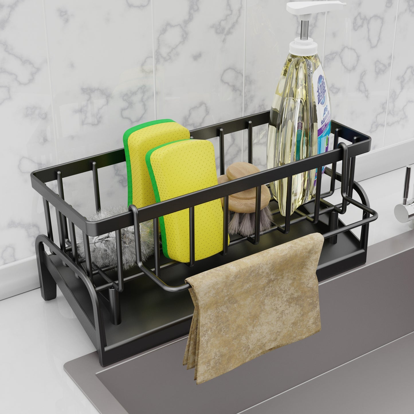 Plastic sink caddy set for kitchen and bathroom organization, includes storage rack for dish cloth, sponges and brushes. Durable and easy to clean for space saving.