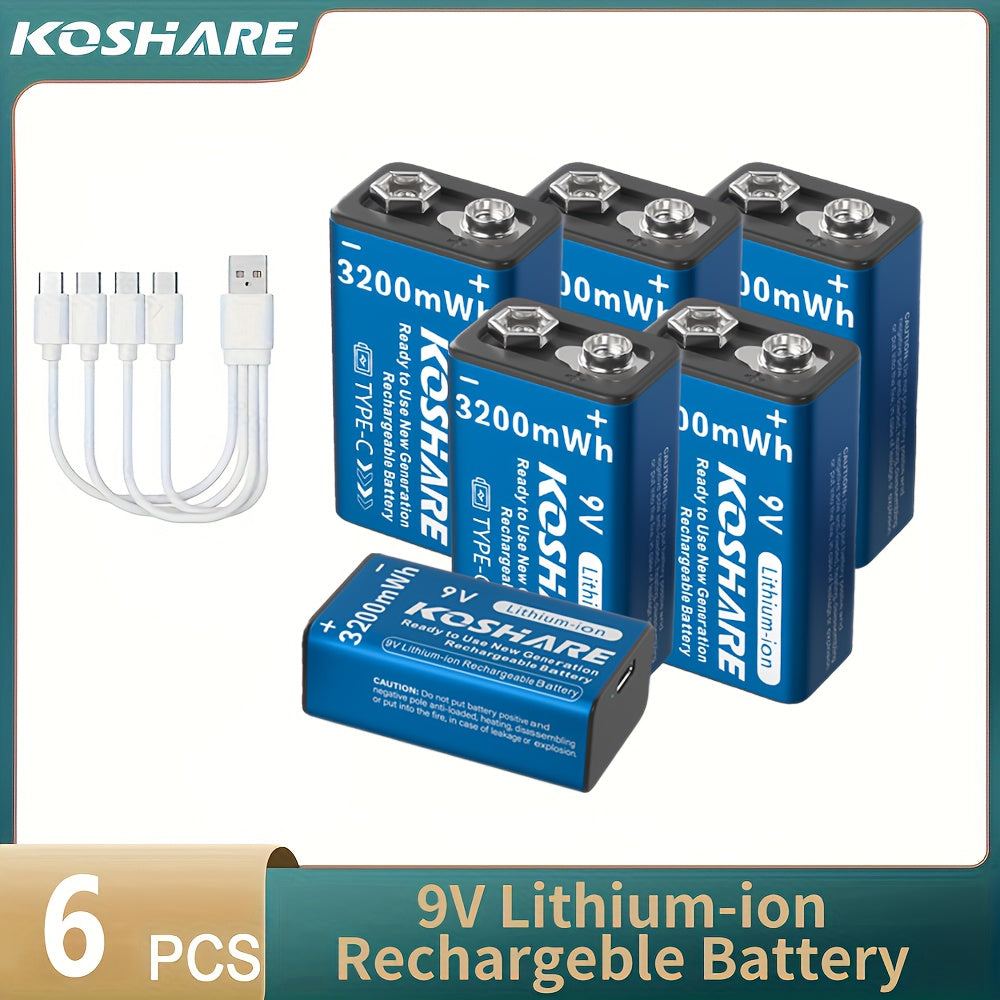 KOSHARE 9V 3200mWh Rechargeable Lithium Battery with Type-C Charging and Data Cable for Various Devices and Events