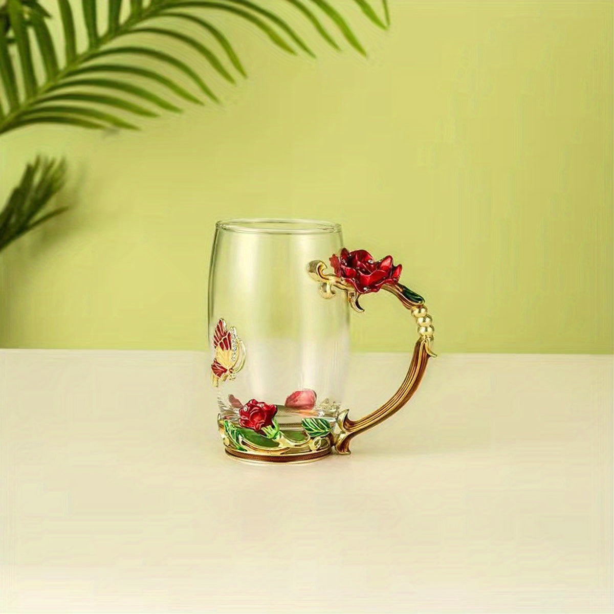 Rose enamel crystal tea cup featuring butterfly and rose design, heat resistant for coffee and water, perfect gift.