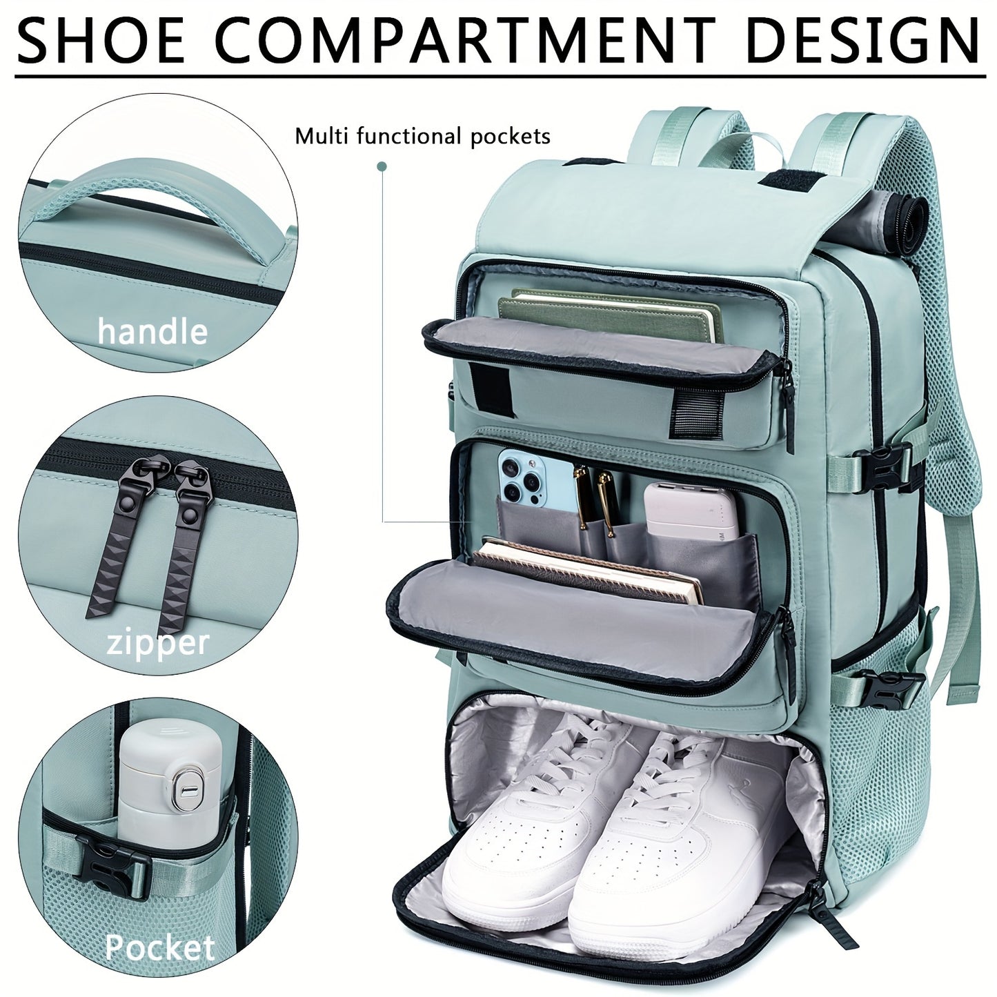 Waterproof backpack with USB port, trolley sleeve, shoe grid for outdoor activities.