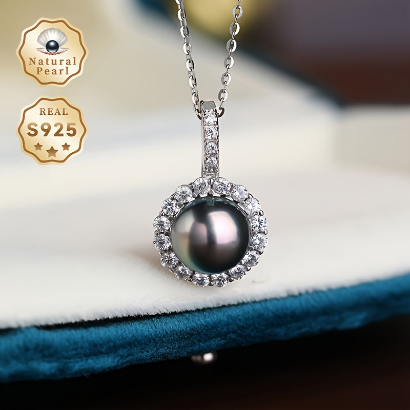 Stunning Black Pearl Necklace for Women, Featuring 8-9mm Round Shiny Saltwater Pearls, Suspended from an S925 Sterling Silver Pendant in a Gift Box - Genuine Gemstone, Perfect for June Birthdays, Inspired by Polynesian Tahitian Designs, Unique Color