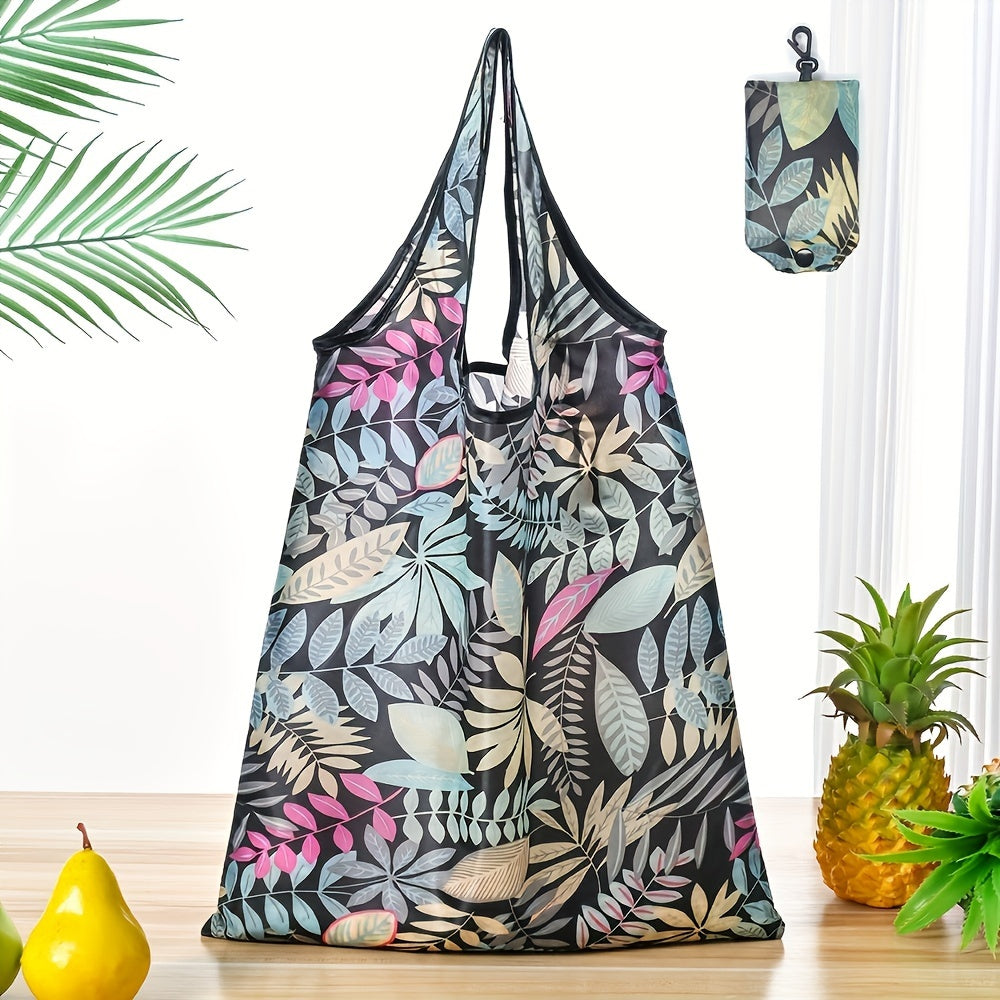 Large Foldable Tote Bag with Vibrant Floral Pattern, Made of Durable Polyester, Ideal for Outdoor Activities - Includes Shoulder Straps and Carabiner Closure, Great for Shopping and Reusable.