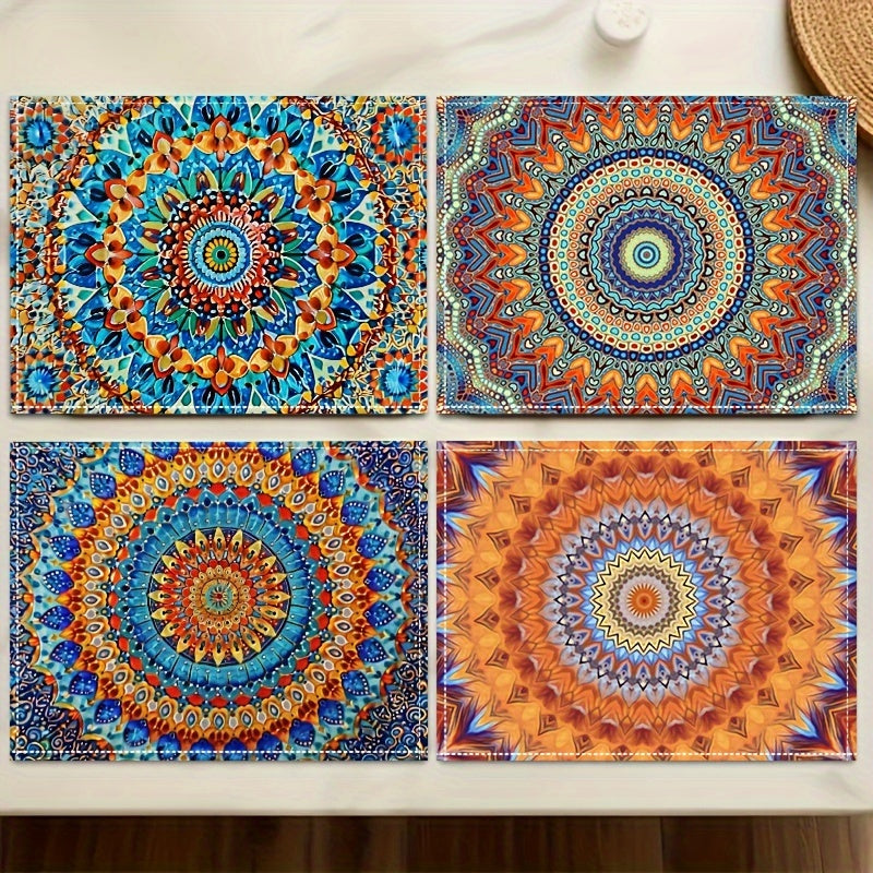 4 Mandala-style placemats with a Persian Bohemian design, heat resistant and washable, suitable for home and restaurant use.