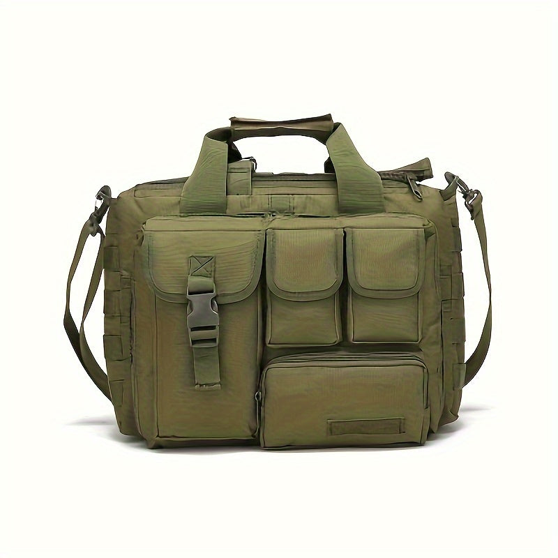 Tactical camo backpack with water-resistant material, laptop compartment, adjustable shoulder strap, zipper closure, and polyester lining. Ideal for outdoor travel.