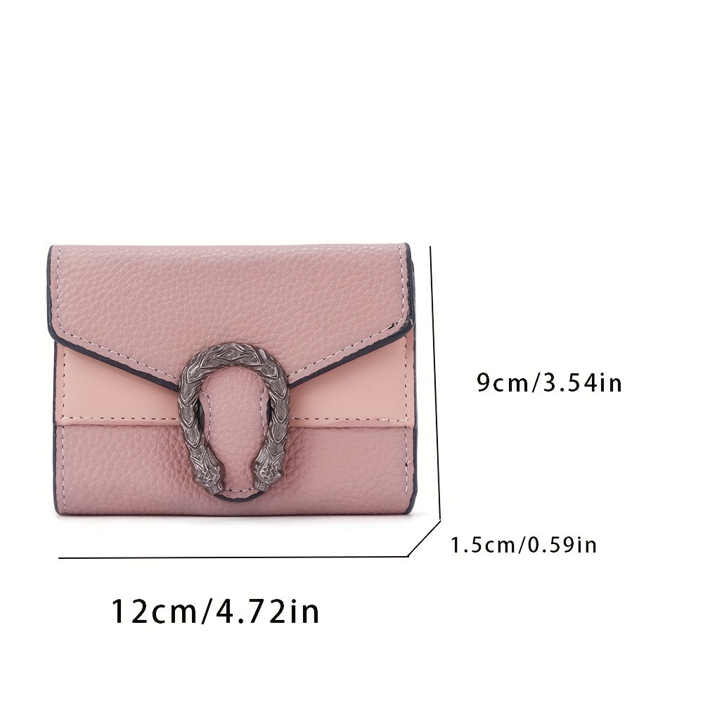 Vintage style women's slim wallet made of faux leather with buckle closure, tri-fold design, slip pocket, and faux leather lining.