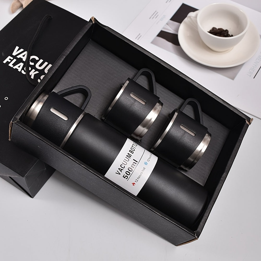 Set of stainless steel vacuum insulated flasks - includes a portable coffee mug and thermal bottle perfect for use in the office, for business purposes, and while traveling.