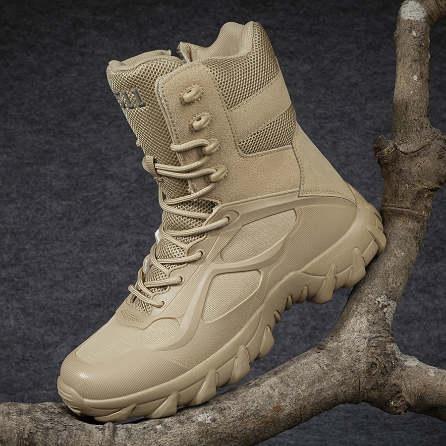 High-top tactical boots for men in beige stripe pattern, featuring a comfortable lace-up design with a non-slip EVA sole. Durable and versatile for outdoor adventures and casual wear