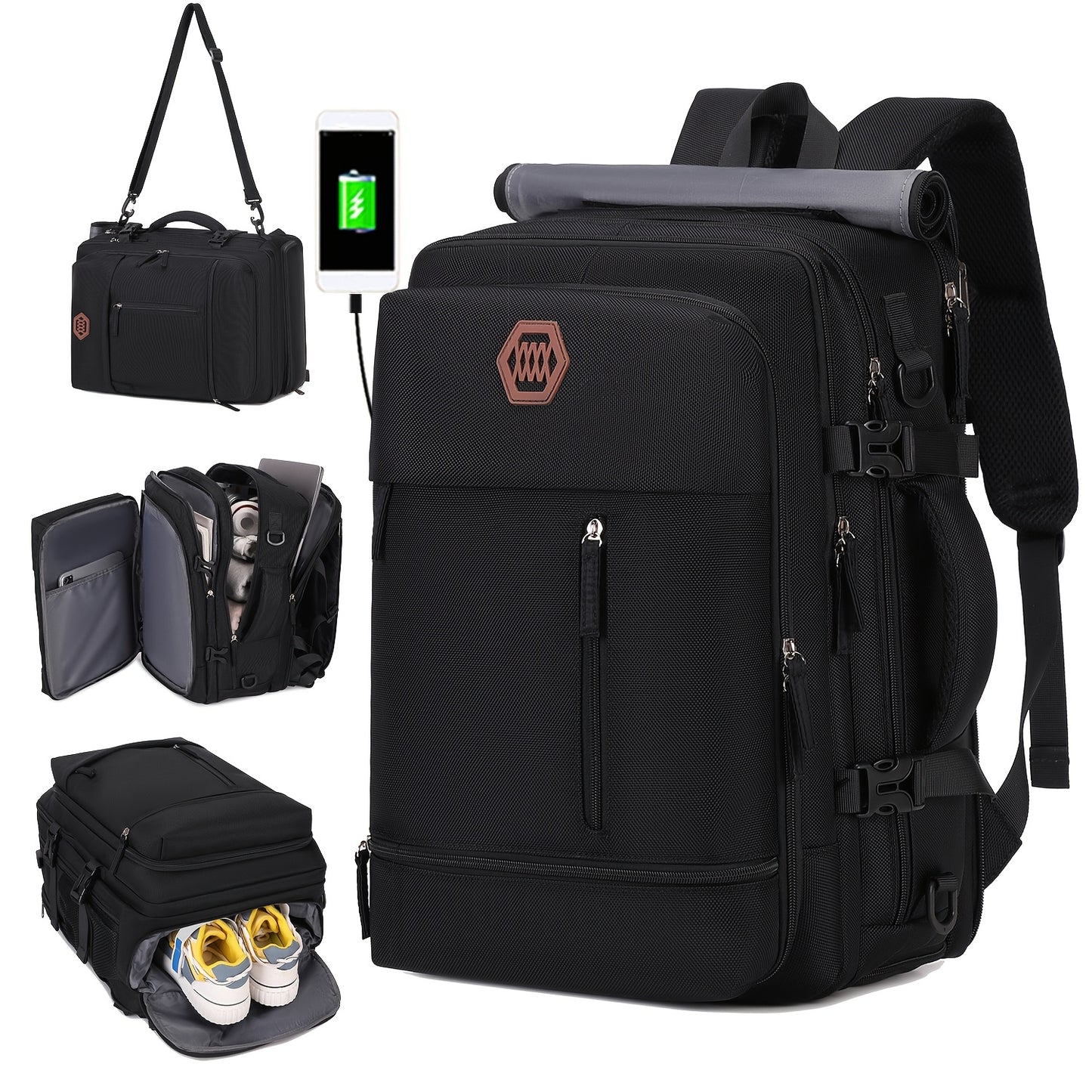 Large, durable backpack with shoe compartment, USB port, and 17-inch laptop compartment, ideal for college or business use.