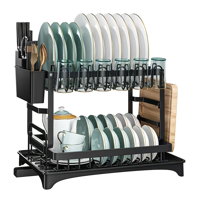 LDQ 1pc Dish Drying Rack with Two-Tier design, includes Drainboard, Cutting Board Holder, Utensil Holder, and Cup Holder. Comes in White and Black options.