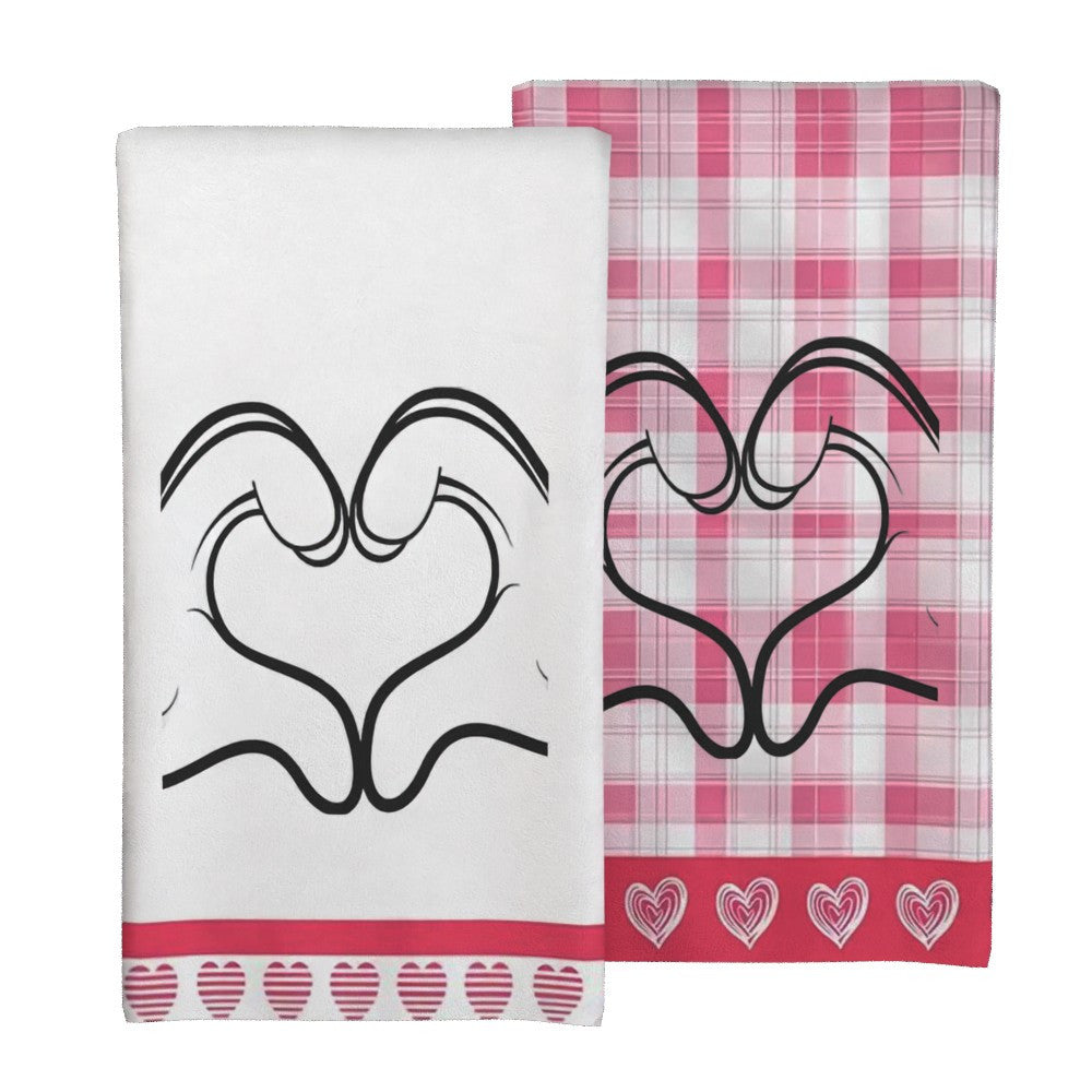 Get 2 Valentine's Day Heart-Themed Towels, measuring 45.72x66.04cm. Made of Soft & Quick-Dry Polyester in Pink & White Checkered with Heart Design. These towels are Durable for All-Season Use and Machine Washable. Perfect for Kitchens, Bathrooms, and